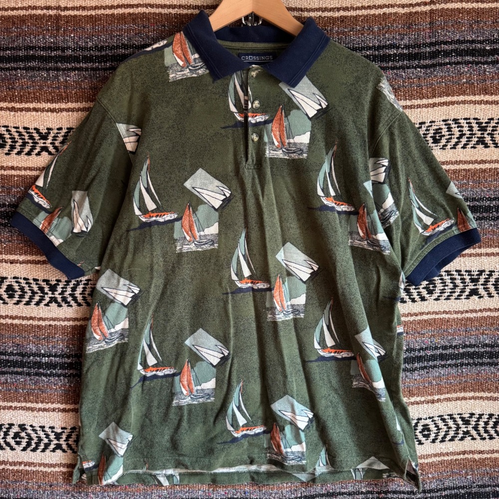 Vintage Sailboat Polo Shirt XL Green Crossings Nautical Graphic Short Sleeve